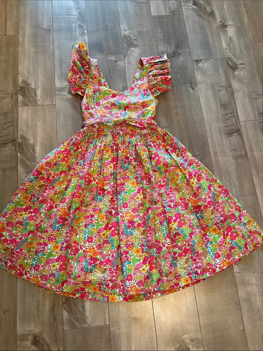Jacadi 10A Girls Pink Floral Ruffle-Sleeve Dress